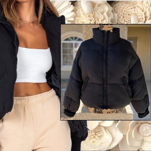 Princess Polly ABE PUFFER JACKET BLACK CURVE Plus Size 16